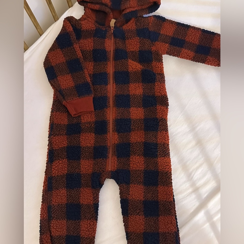 Carters gingham fleece soft bear suit with hood burnt orange and navy 18 m
